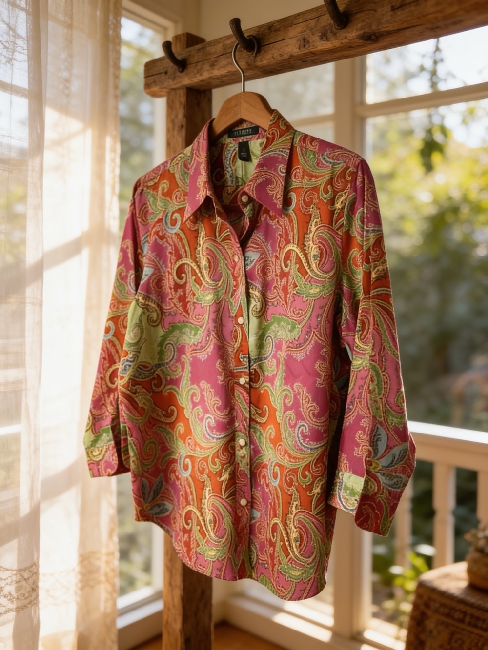 Lauren Ralph Lauren Paisley Button Down Shirt Sz L 3/4 Sleeves